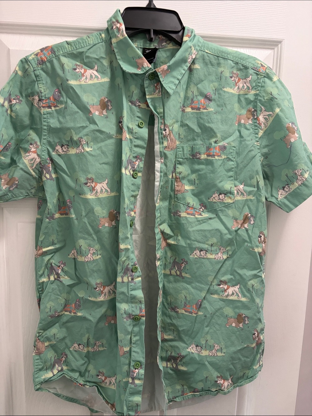 Disney Green Short-Sleeve Button-Down with Dog Print
